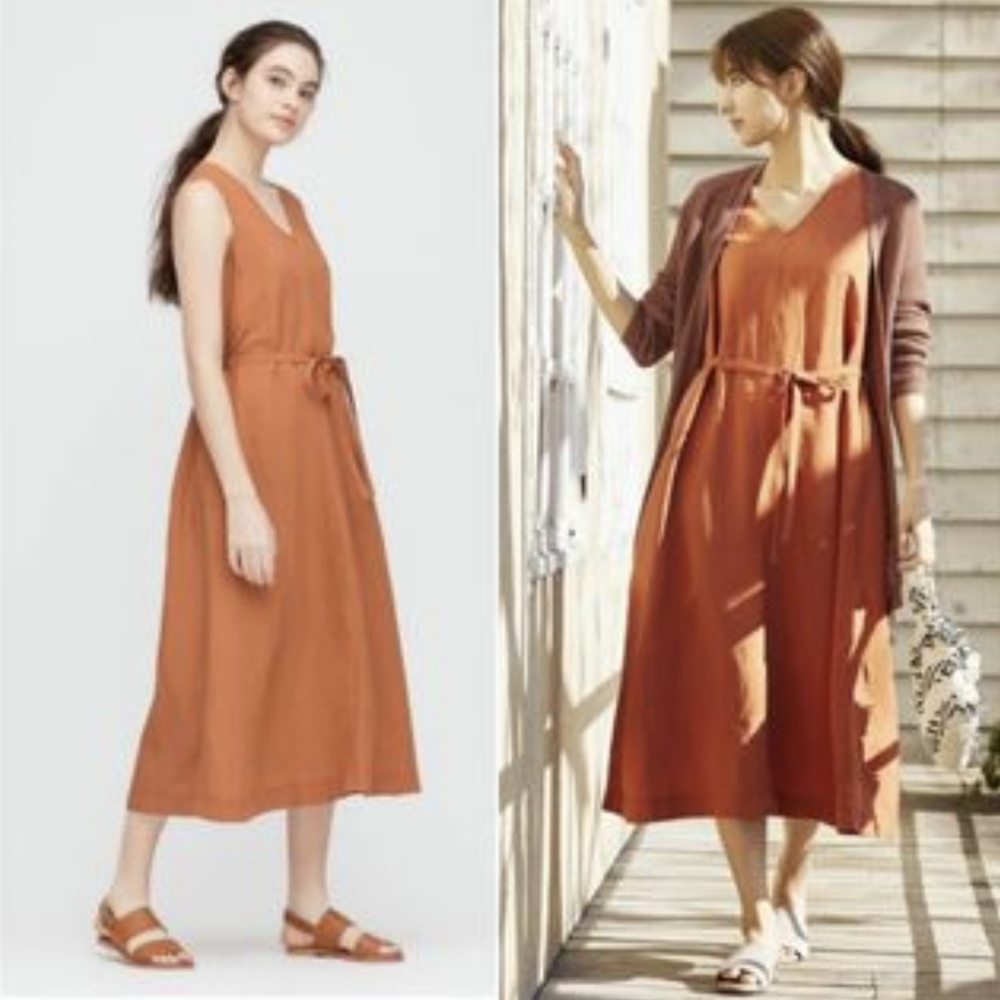 Elegant Linen Blend Sleeveless Rust Dress